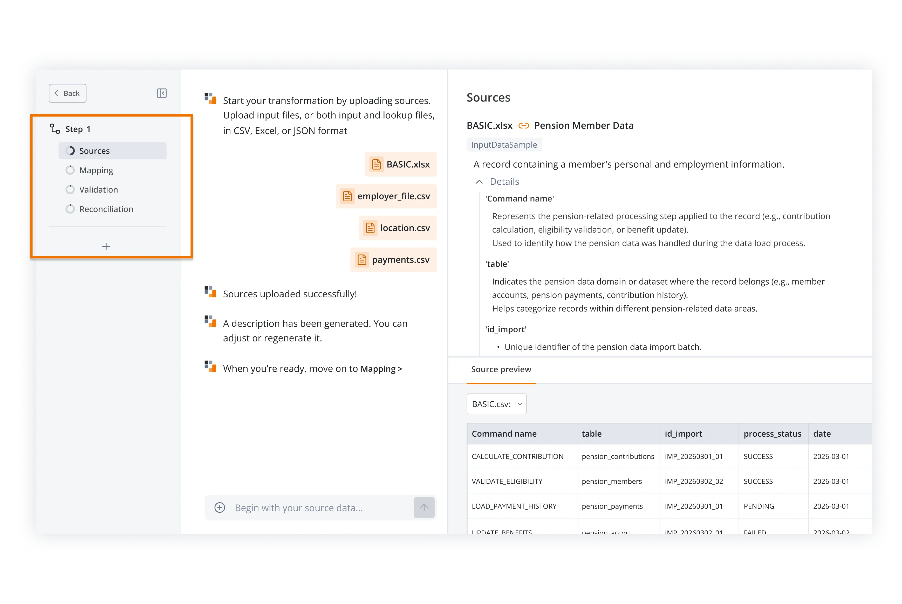 Sources step in the transformation workflow