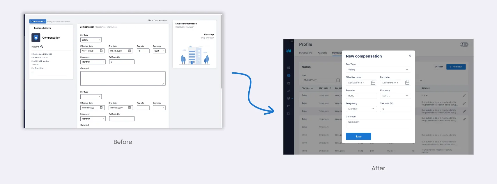 Compensation admin screen, before and after redesign