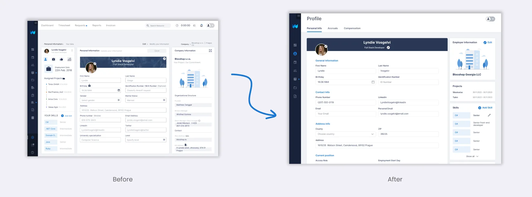 Profile screen, before and after redesign