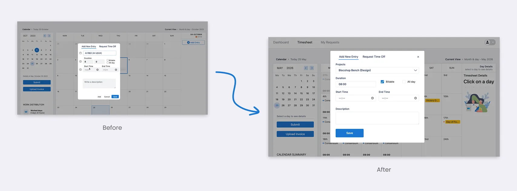 Timesheet entry flow, before and after redesign